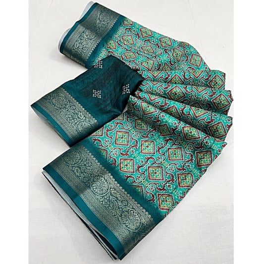 Amfyn Women's Cotton Blend Printed Saree With Unstitched Blouse 5.5Mtr (Rama)