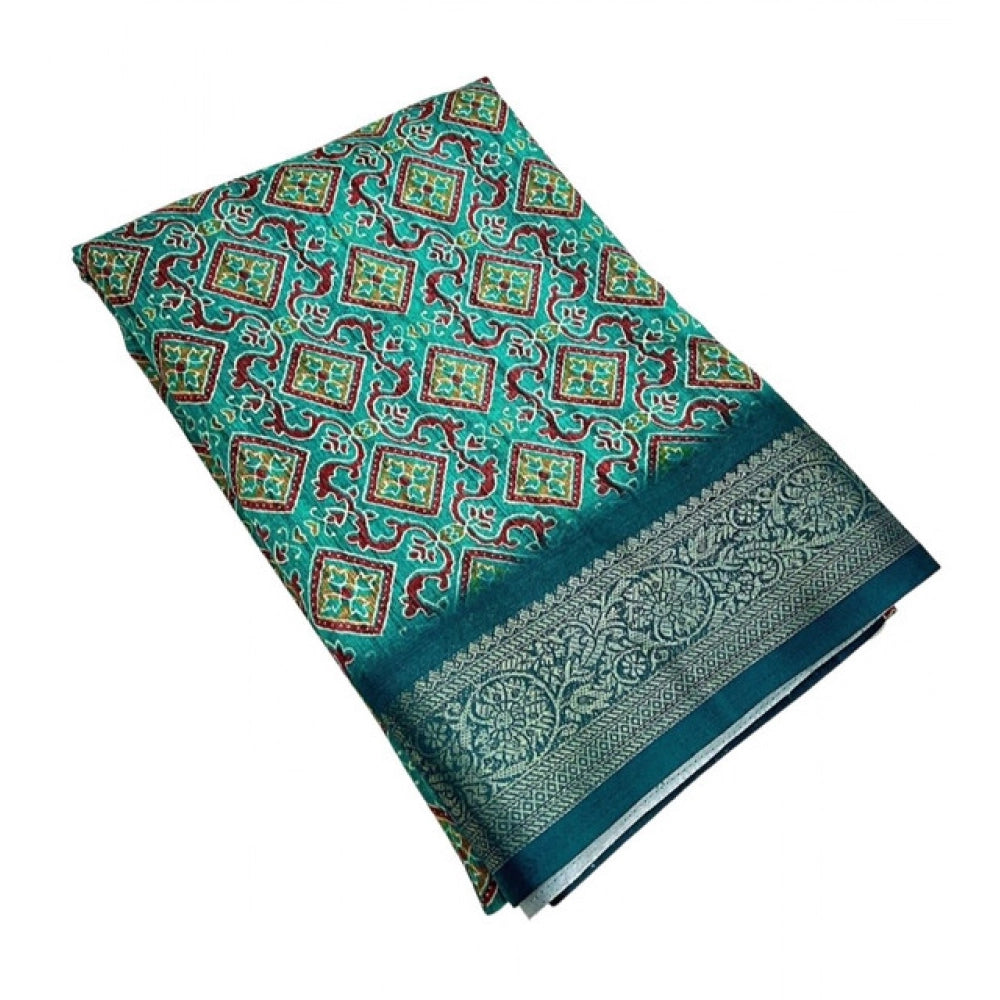 Amfyn Women's Cotton Blend Printed Saree With Unstitched Blouse 5.5Mtr (Rama)