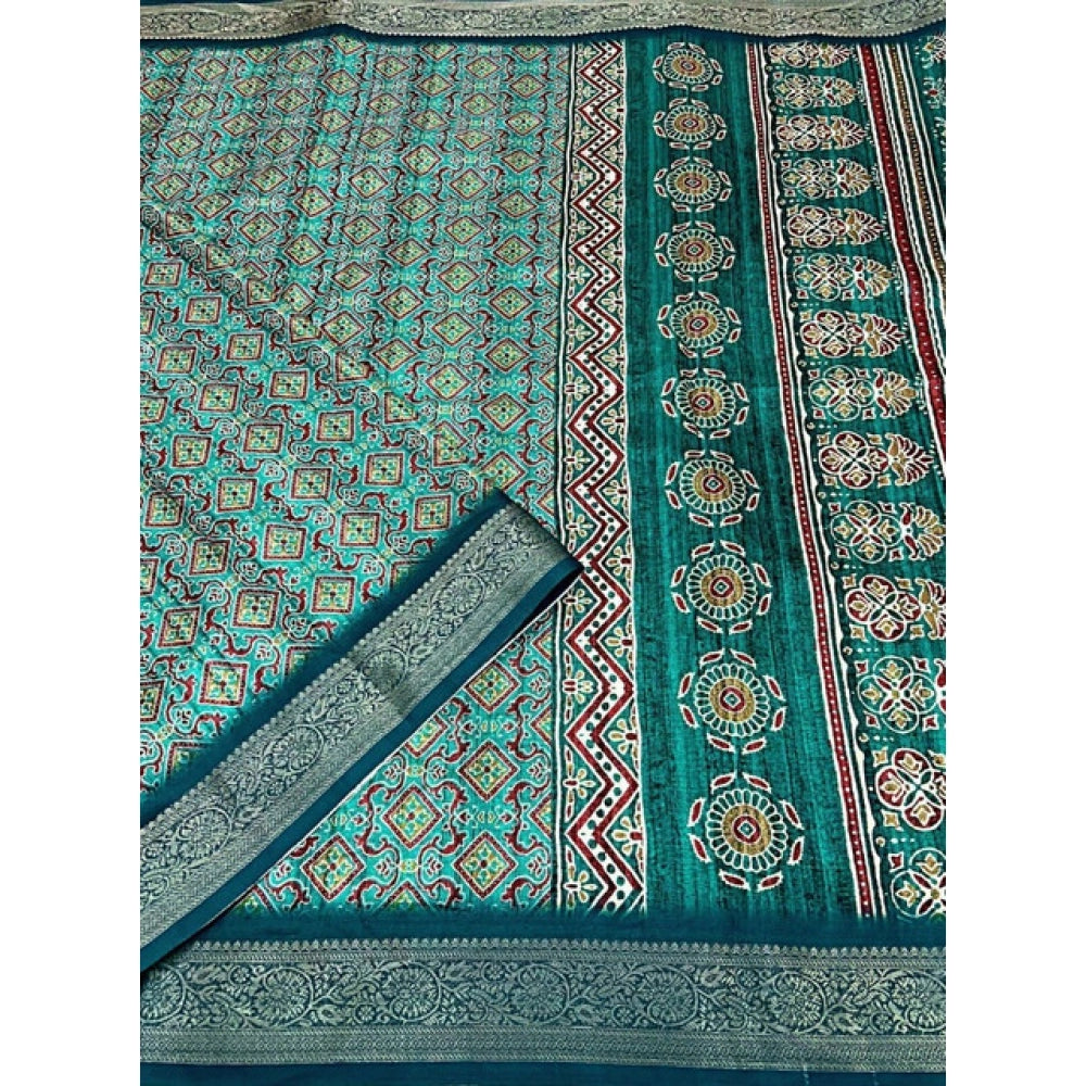 Amfyn Women's Cotton Blend Printed Saree With Unstitched Blouse 5.5Mtr (Rama)