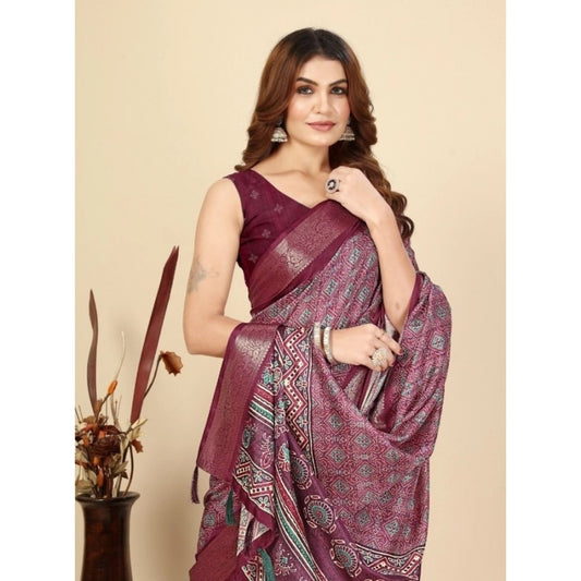 Amfyn Women's Cotton Blend Printed Saree With Unstitched Blouse 5.5Mtr (Wine)