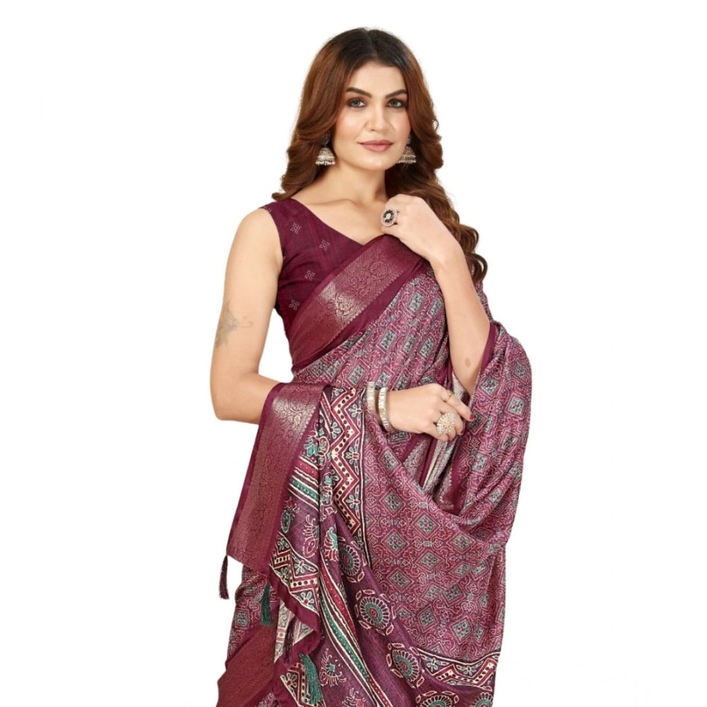 Amfyn Women's Cotton Blend Printed Saree With Unstitched Blouse 5.5Mtr (Wine)
