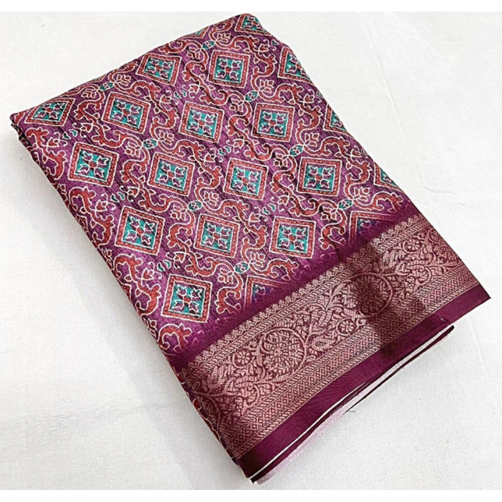 Amfyn Women's Cotton Blend Printed Saree With Unstitched Blouse 5.5Mtr (Wine)