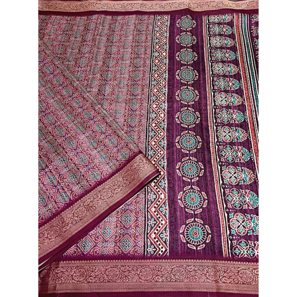 Amfyn Women's Cotton Blend Printed Saree With Unstitched Blouse 5.5Mtr (Wine)