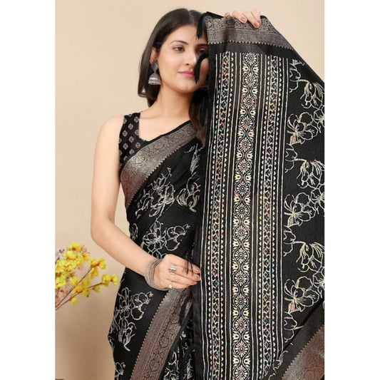 Amfyn Women's Cotton Silk Floral Printed Saree With Unstitched Blouse 5.5Mtr (Black)