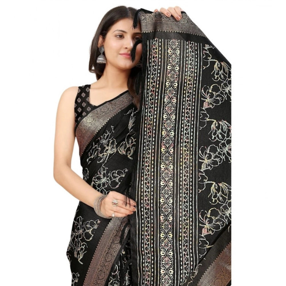 Amfyn Women's Cotton Silk Floral Printed Saree With Unstitched Blouse 5.5Mtr (Black)