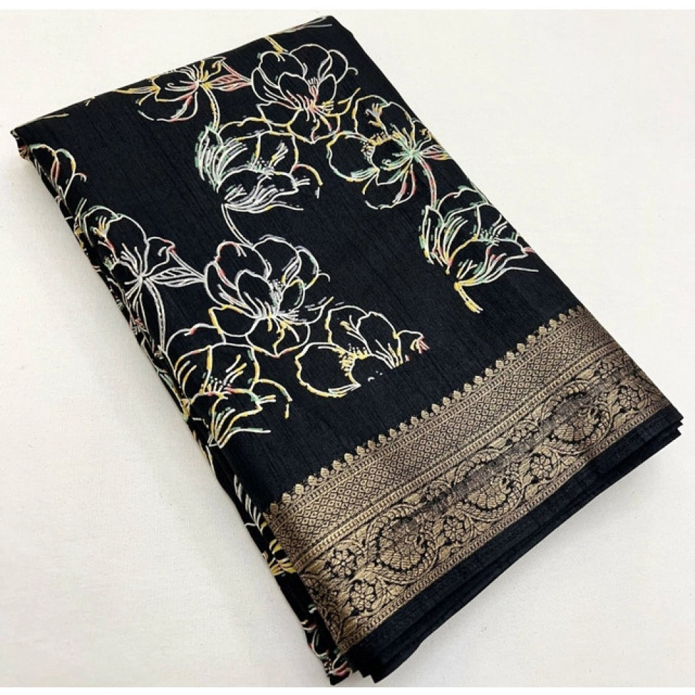 Amfyn Women's Cotton Silk Floral Printed Saree With Unstitched Blouse 5.5Mtr (Black)