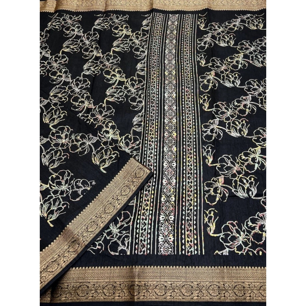 Amfyn Women's Cotton Silk Floral Printed Saree With Unstitched Blouse 5.5Mtr (Black)