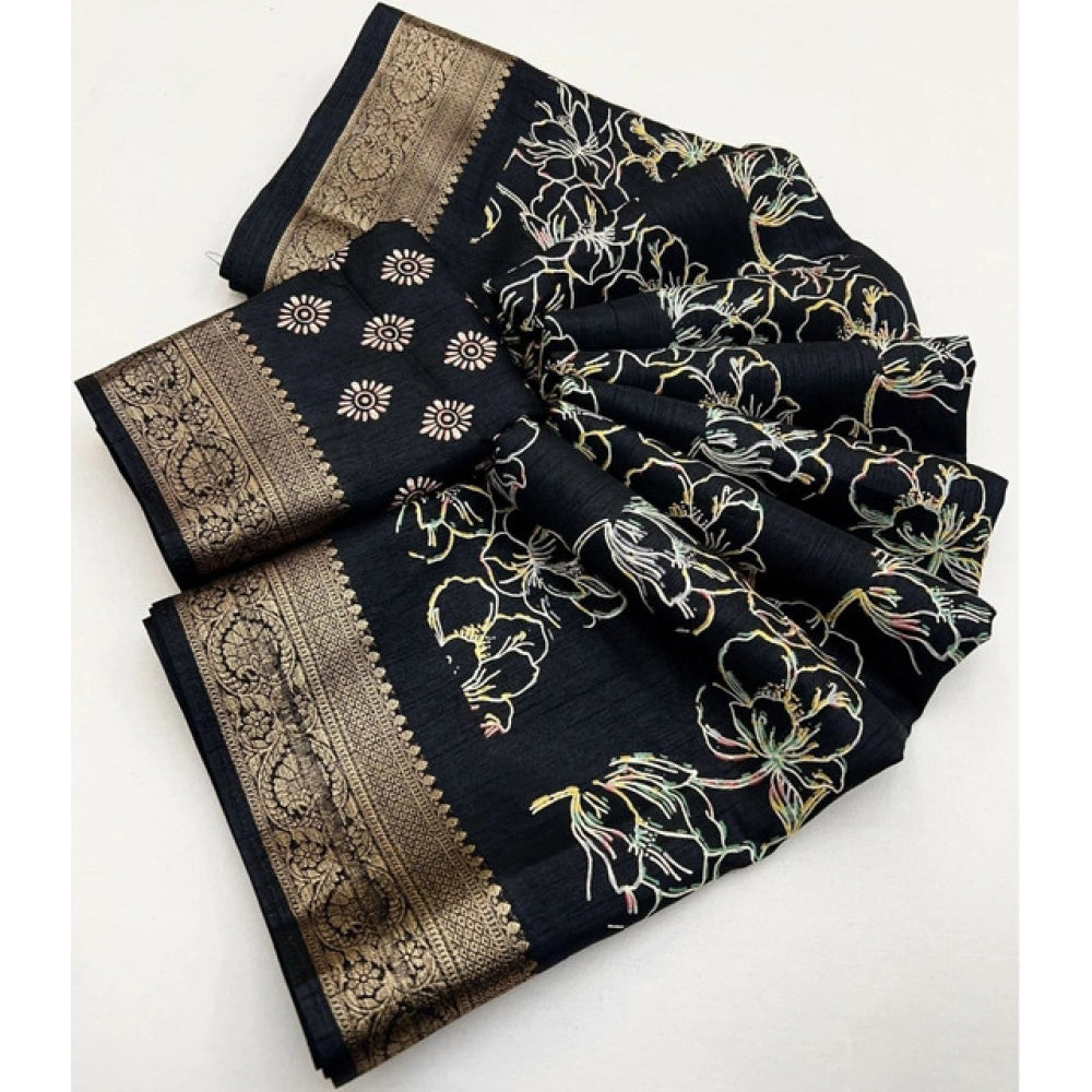Amfyn Women's Cotton Silk Floral Printed Saree With Unstitched Blouse 5.5Mtr (Black)