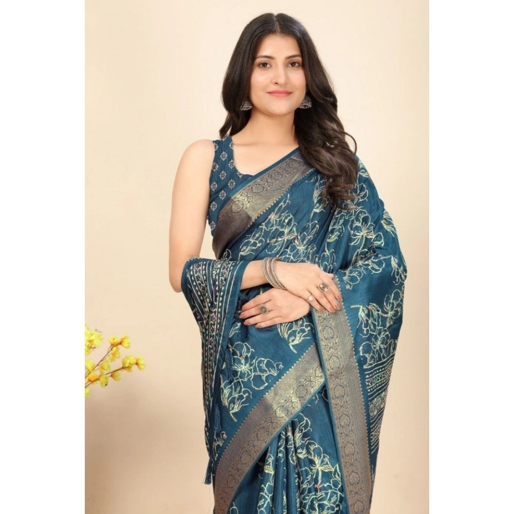 Amfyn Women's Cotton Silk Floral Printed Saree With Unstitched Blouse 5.5Mtr (Blue)