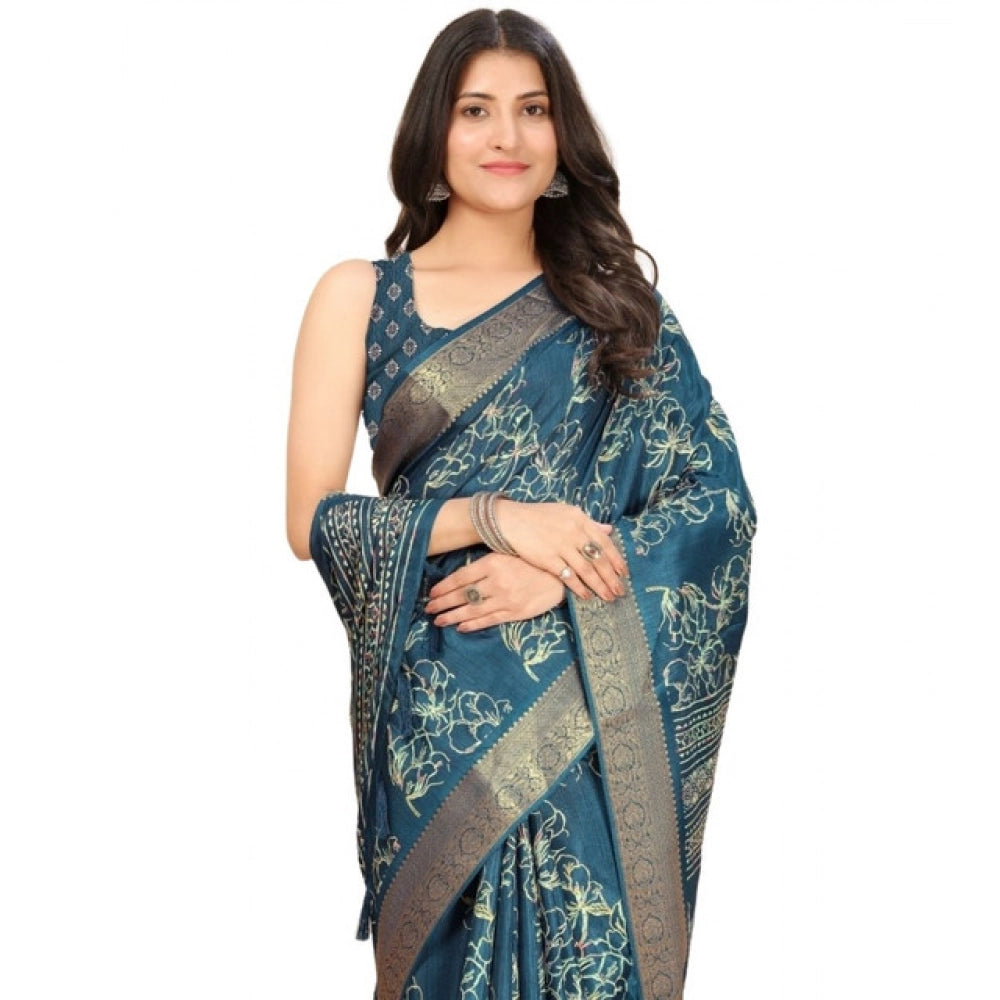 Amfyn Women's Cotton Silk Floral Printed Saree With Unstitched Blouse 5.5Mtr (Blue)