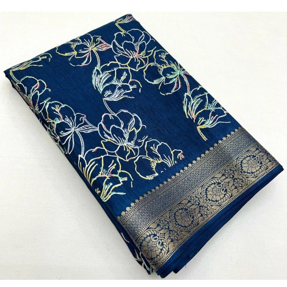 Amfyn Women's Cotton Silk Floral Printed Saree With Unstitched Blouse 5.5Mtr (Blue)
