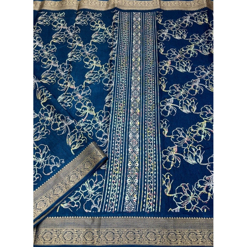 Amfyn Women's Cotton Silk Floral Printed Saree With Unstitched Blouse 5.5Mtr (Blue)