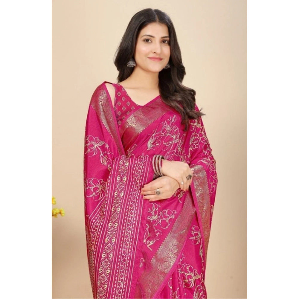 Amfyn Women's Cotton Silk Floral Printed Saree With Unstitched Blouse 5.5Mtr (Pink)
