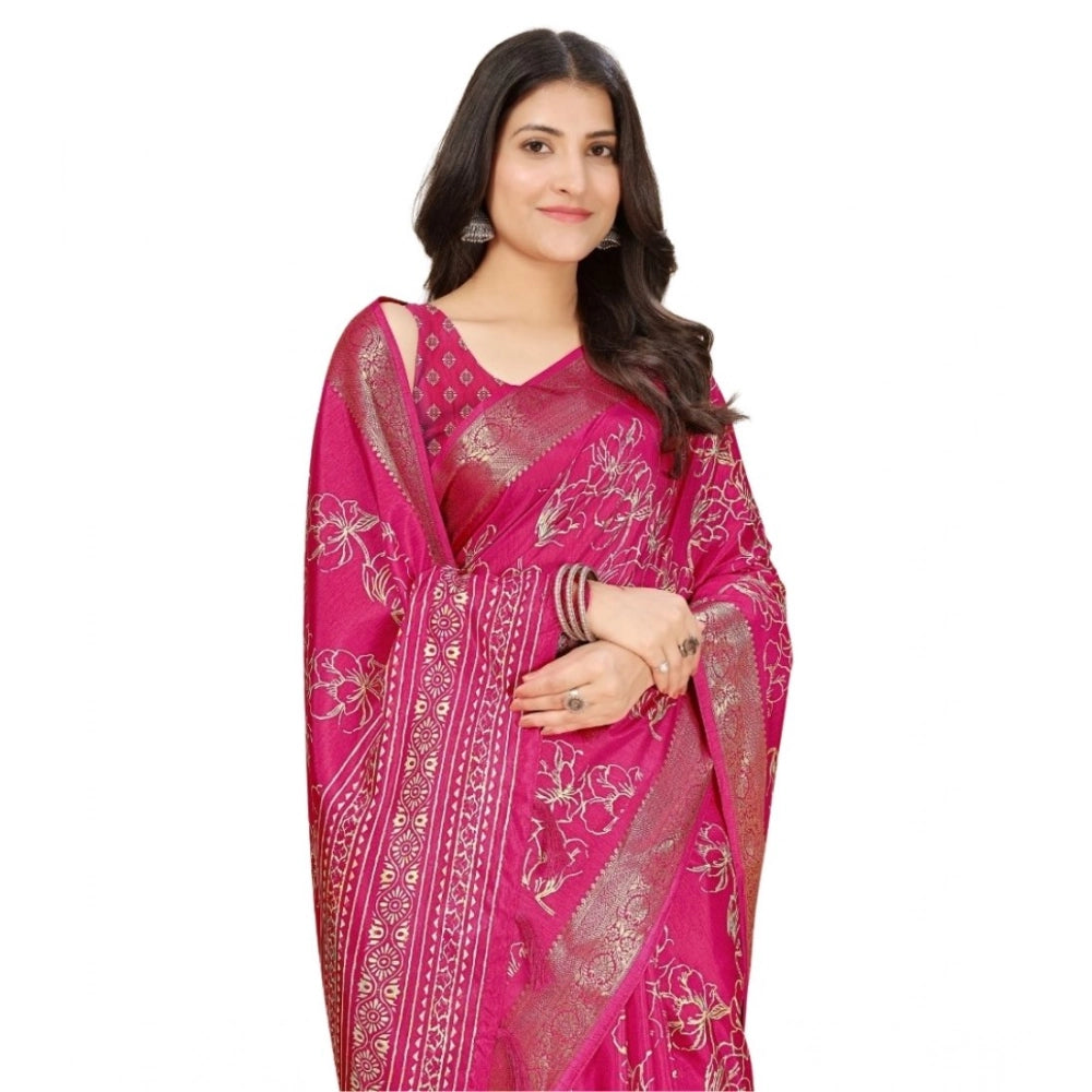Amfyn Women's Cotton Silk Floral Printed Saree With Unstitched Blouse 5.5Mtr (Pink)