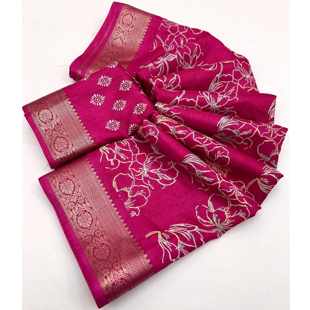 Amfyn Women's Cotton Silk Floral Printed Saree With Unstitched Blouse 5.5Mtr (Pink)