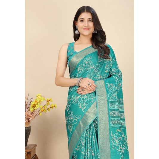 Amfyn Women's Cotton Silk Floral Printed Saree With Unstitched Blouse 5.5Mtr (Rama)