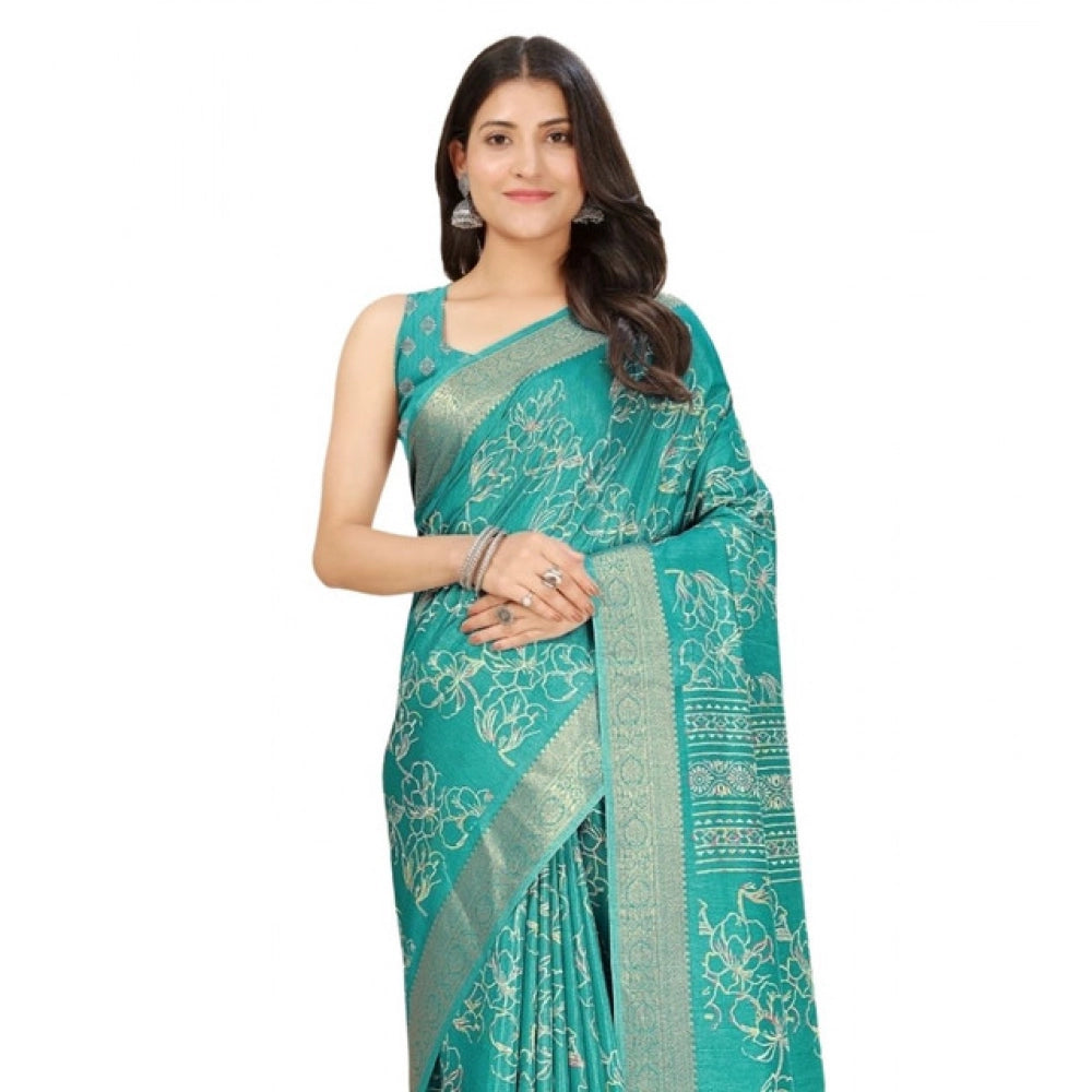 Amfyn Women's Cotton Silk Floral Printed Saree With Unstitched Blouse 5.5Mtr (Rama)