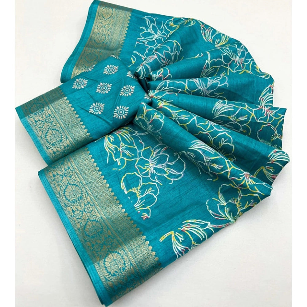 Amfyn Women's Cotton Silk Floral Printed Saree With Unstitched Blouse 5.5Mtr (Rama)