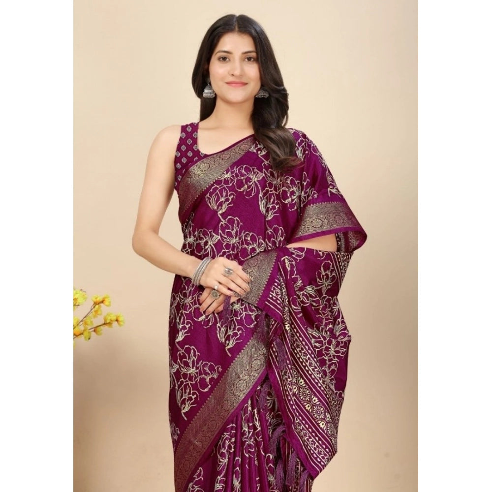 Amfyn Women's Cotton Silk Floral Printed Saree With Unstitched Blouse 5.5Mtr (Wine)