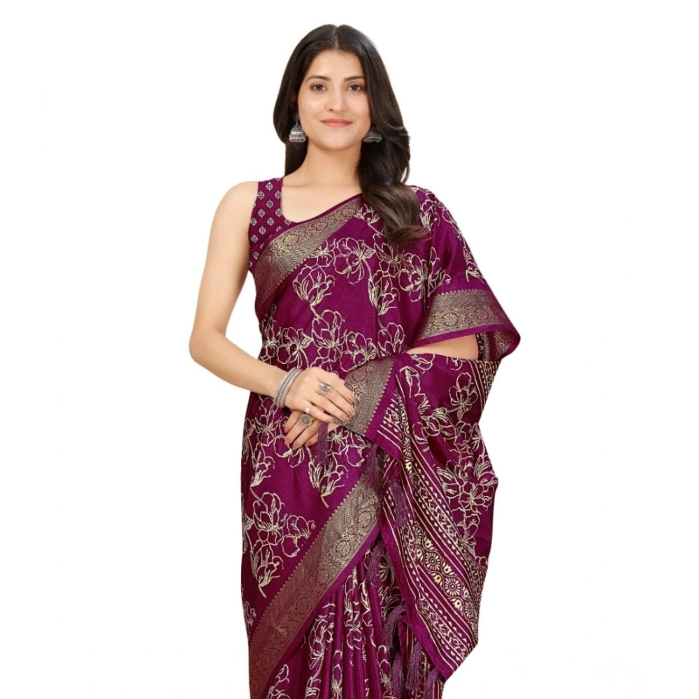 Amfyn Women's Cotton Silk Floral Printed Saree With Unstitched Blouse 5.5Mtr (Wine)