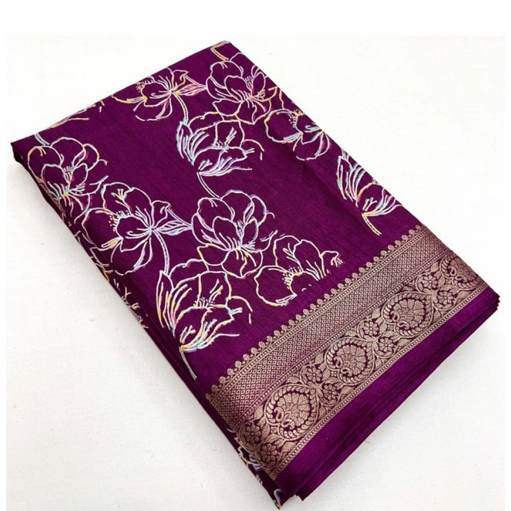 Amfyn Women's Cotton Silk Floral Printed Saree With Unstitched Blouse 5.5Mtr (Wine)