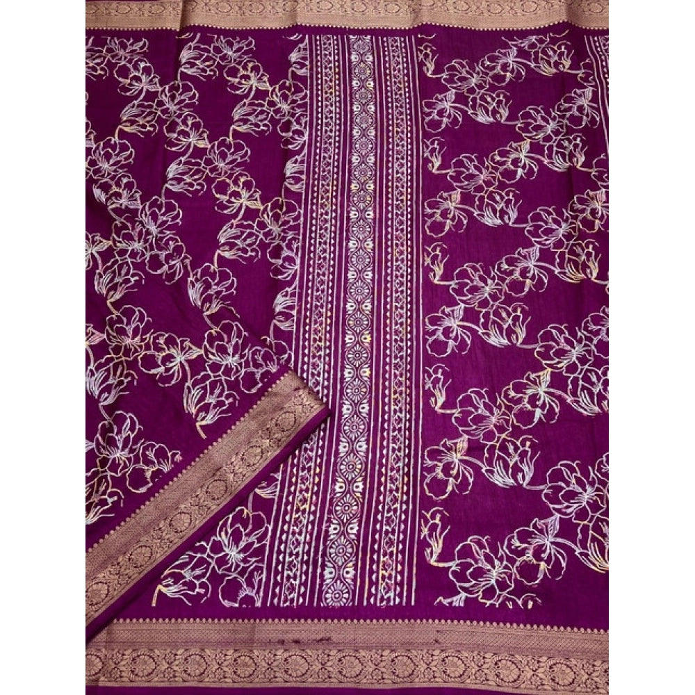 Amfyn Women's Cotton Silk Floral Printed Saree With Unstitched Blouse 5.5Mtr (Wine)