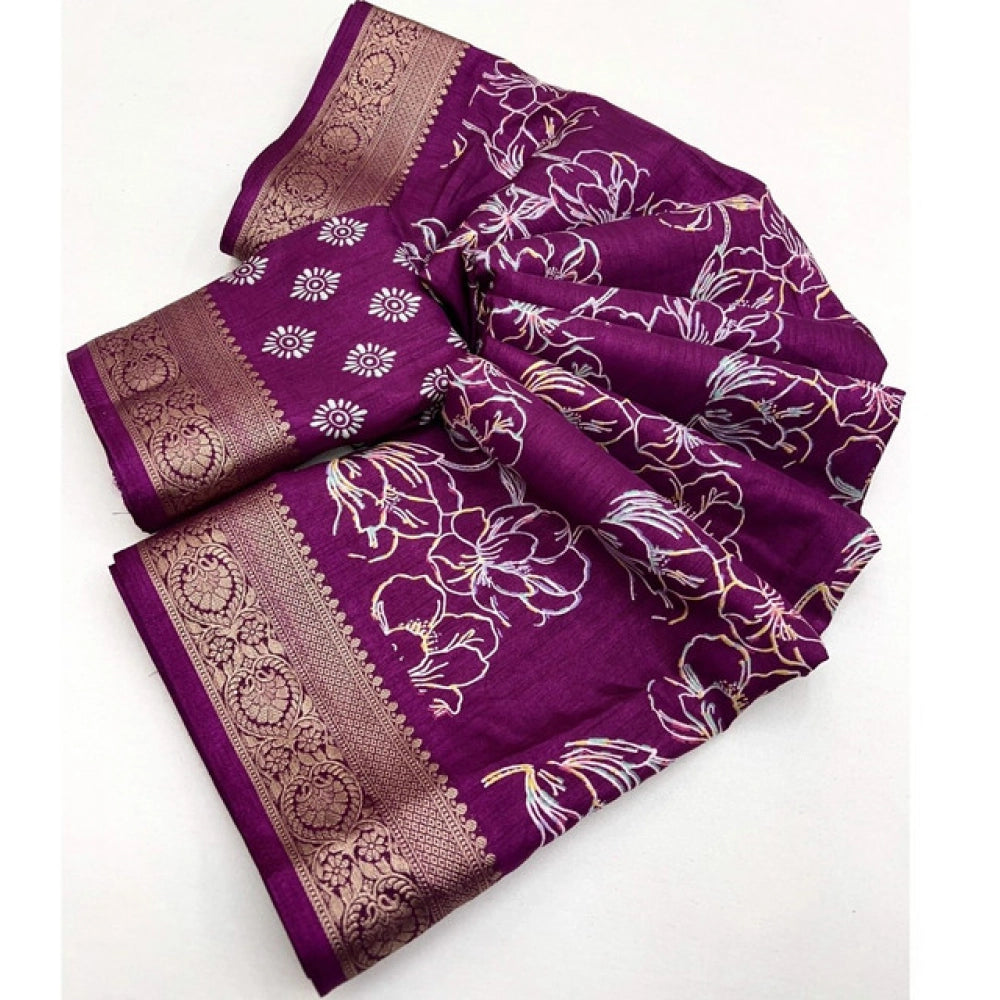 Amfyn Women's Cotton Silk Floral Printed Saree With Unstitched Blouse 5.5Mtr (Wine)