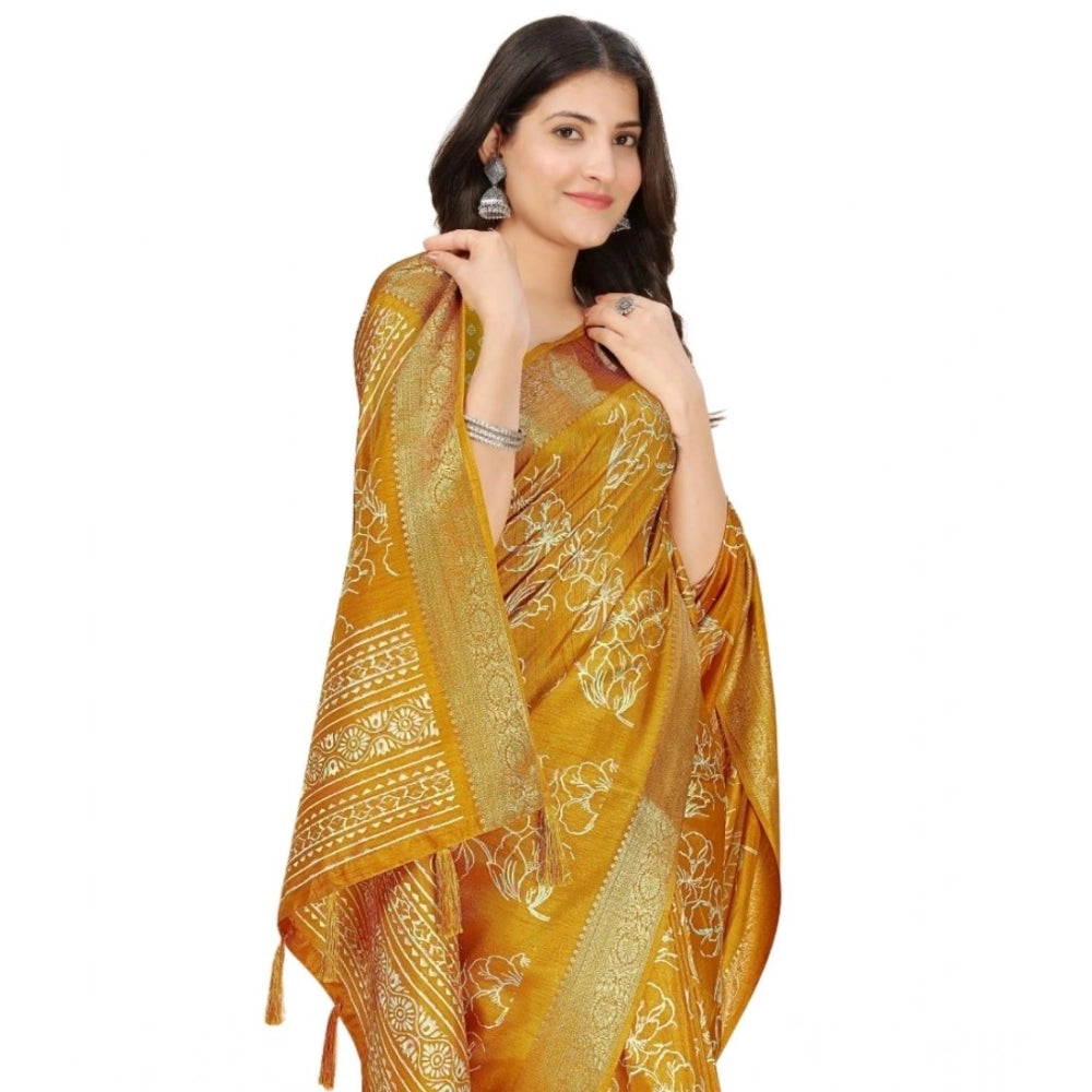 Amfyn Women's Cotton Silk Floral Printed Saree With Unstitched Blouse 5.5Mtr (Yellow)
