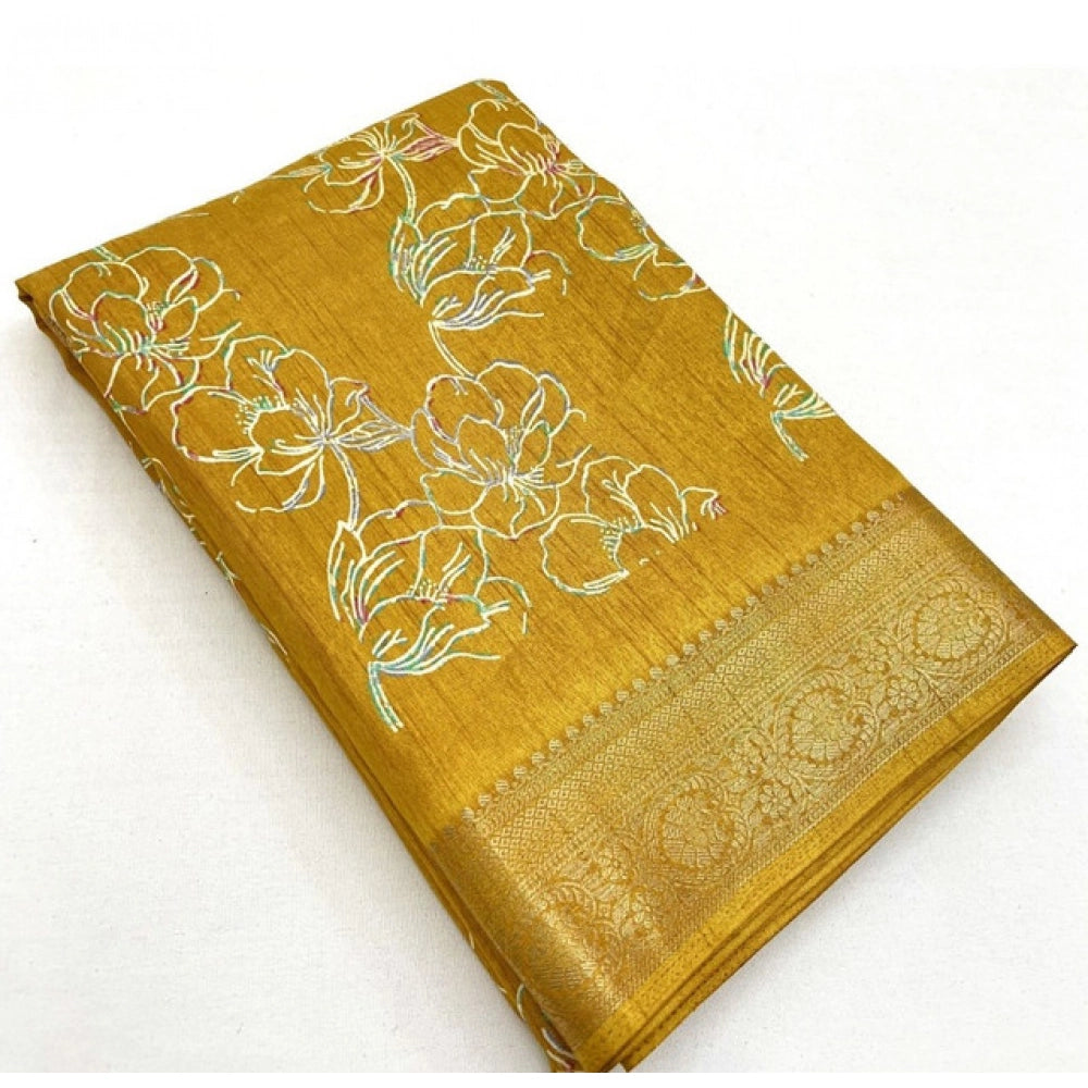 Amfyn Women's Cotton Silk Floral Printed Saree With Unstitched Blouse 5.5Mtr (Yellow)