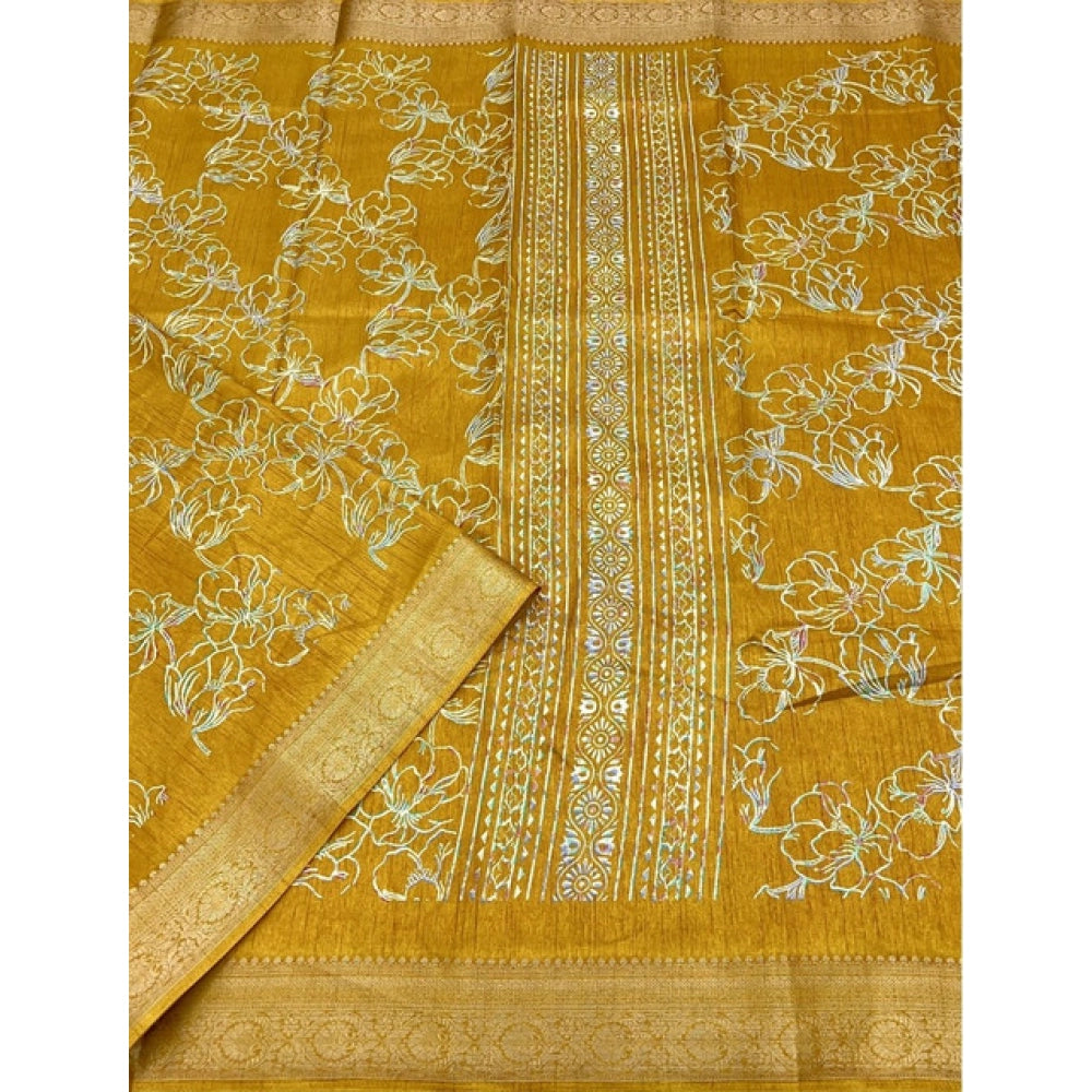 Amfyn Women's Cotton Silk Floral Printed Saree With Unstitched Blouse 5.5Mtr (Yellow)