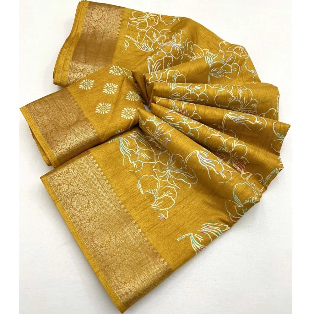 Amfyn Women's Cotton Silk Floral Printed Saree With Unstitched Blouse 5.5Mtr (Yellow)