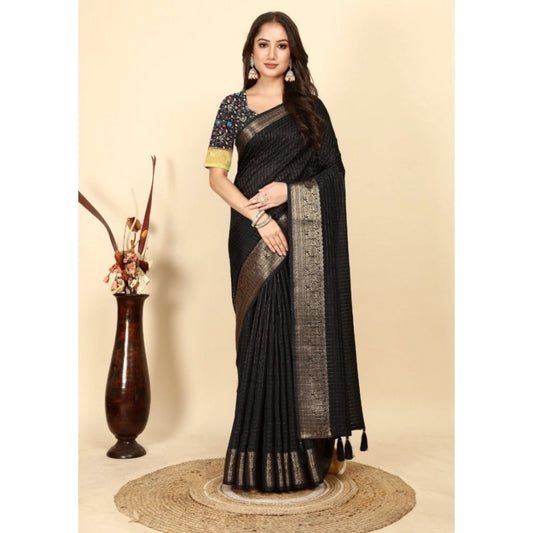 Amfyn Women's Cotton Blend Checkered Saree With Unstitched Blouse 5.5Mtr (Black)