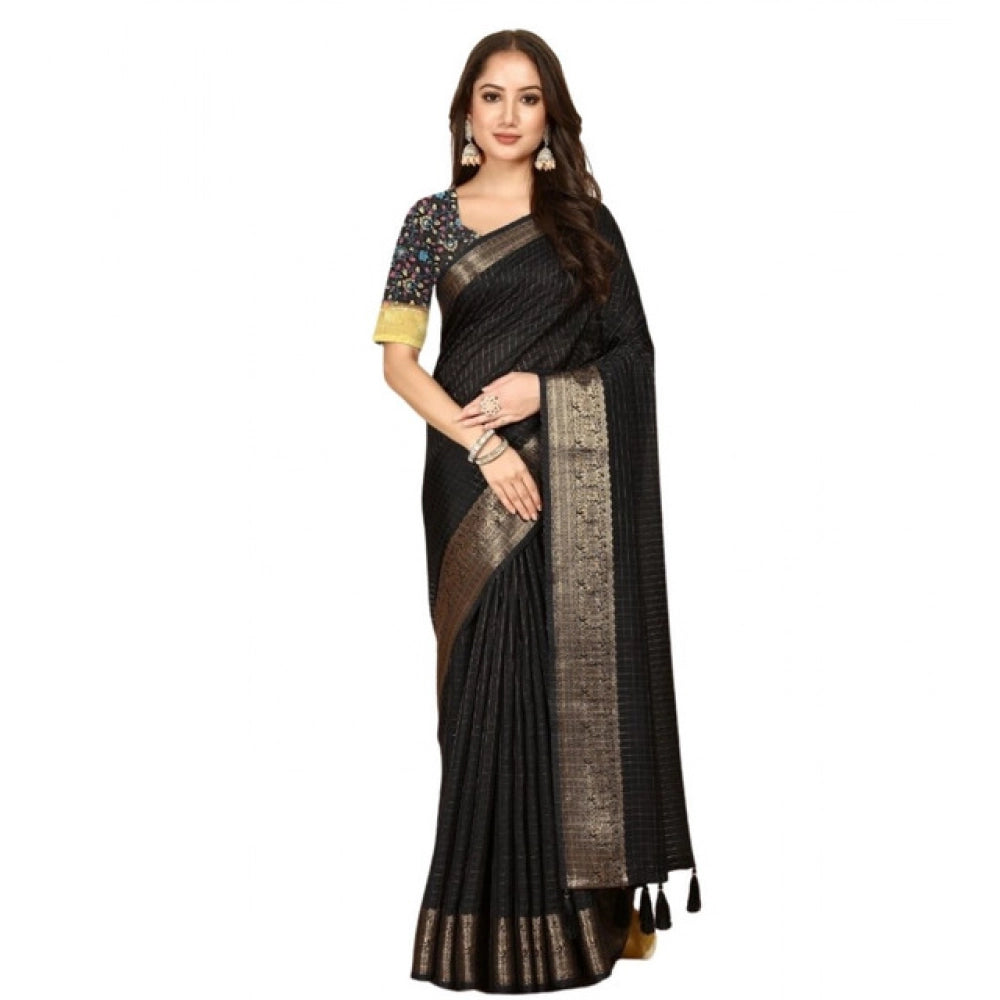 Amfyn Women's Cotton Blend Checkered Saree With Unstitched Blouse 5.5Mtr (Black)