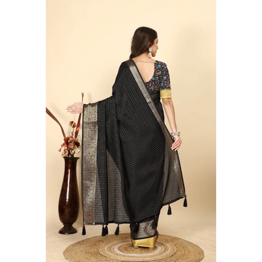 Amfyn Women's Cotton Blend Checkered Saree With Unstitched Blouse 5.5Mtr (Black)