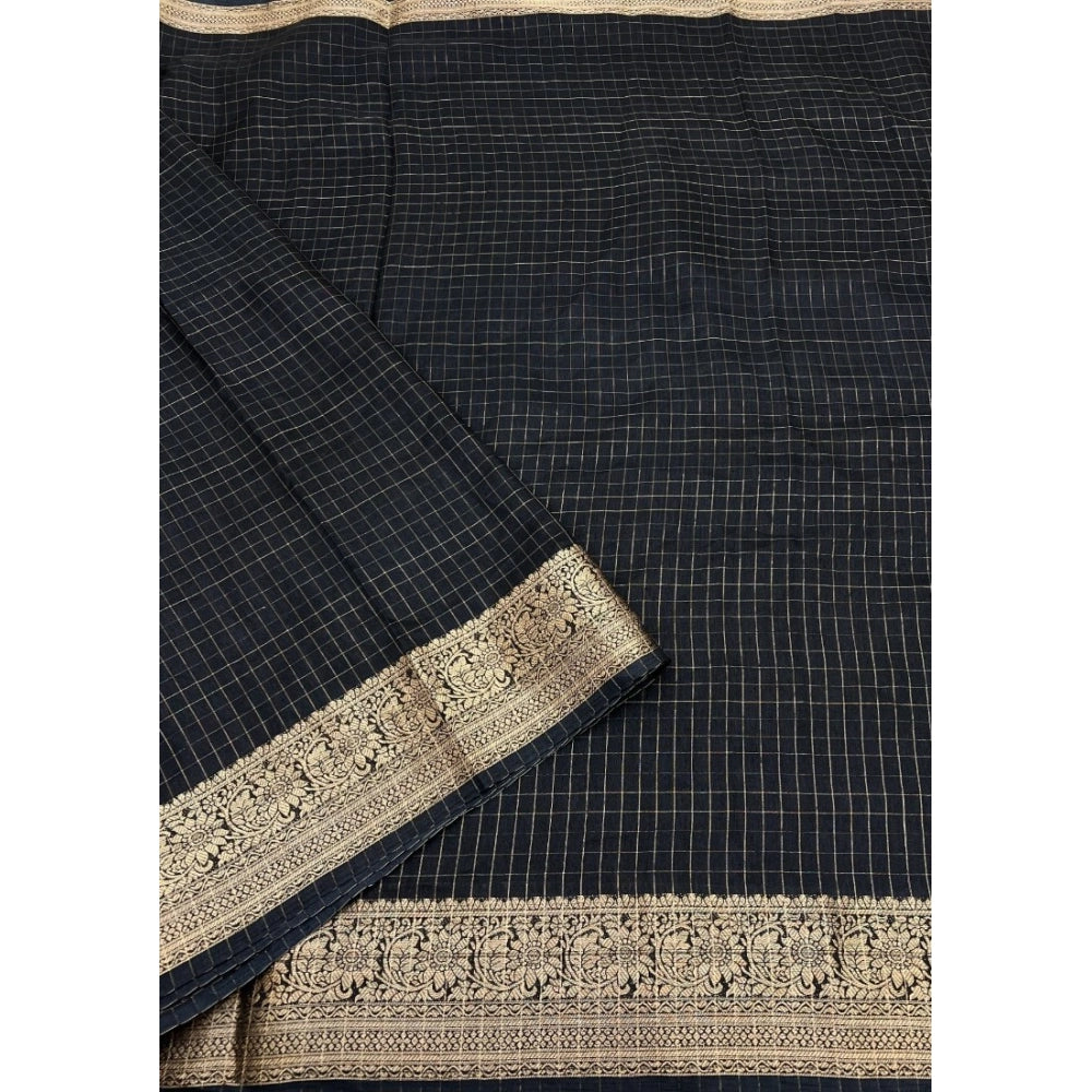 Amfyn Women's Cotton Blend Checkered Saree With Unstitched Blouse 5.5Mtr (Black)