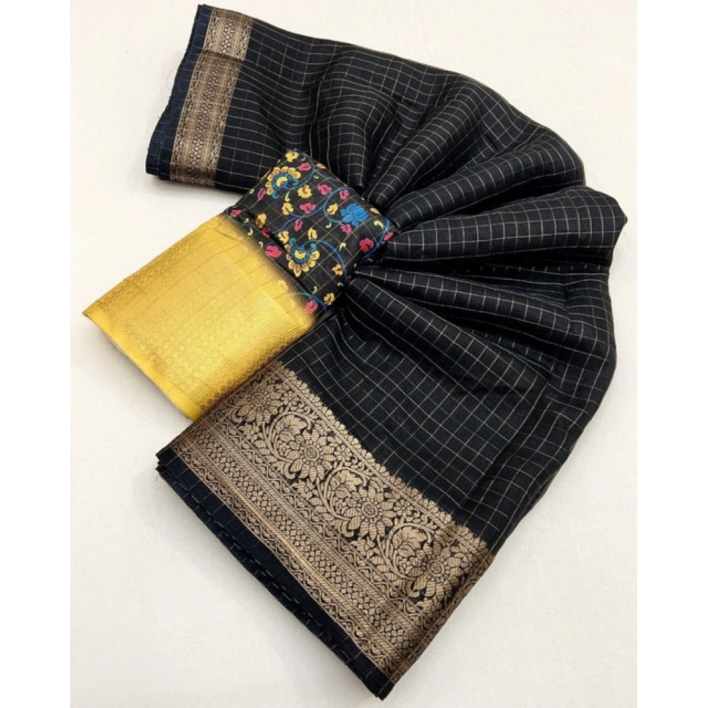 Amfyn Women's Cotton Blend Checkered Saree With Unstitched Blouse 5.5Mtr (Black)