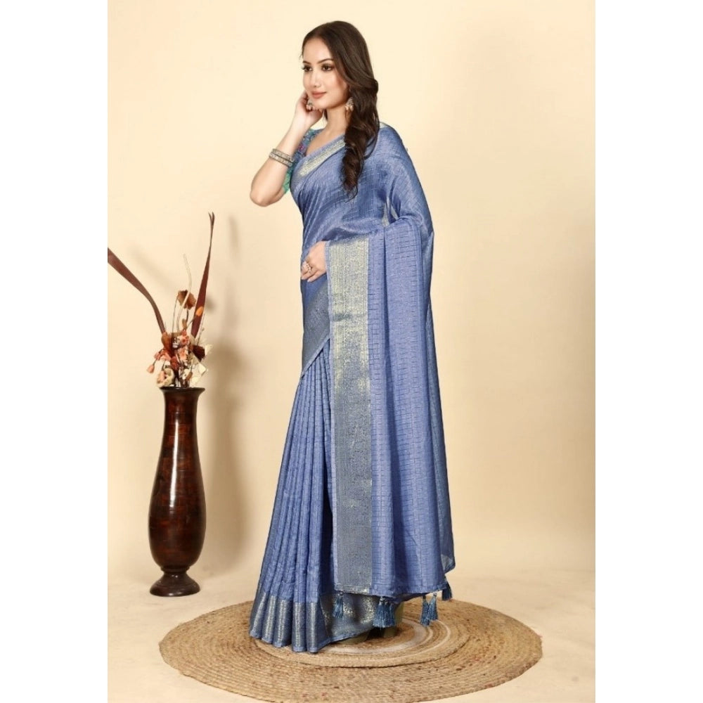 Amfyn Women's Cotton Blend Checkered Saree With Unstitched Blouse 5.5Mtr (Blue)