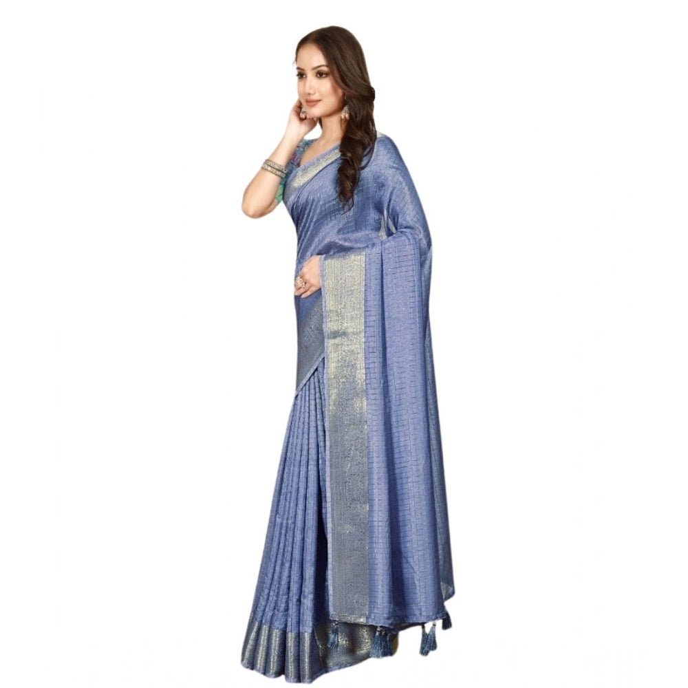Amfyn Women's Cotton Blend Checkered Saree With Unstitched Blouse 5.5Mtr (Blue)