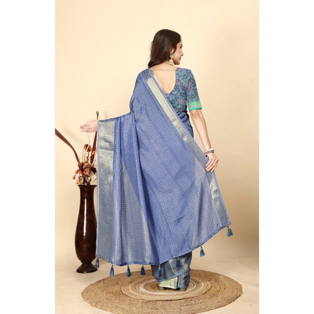 Amfyn Women's Cotton Blend Checkered Saree With Unstitched Blouse 5.5Mtr (Blue)