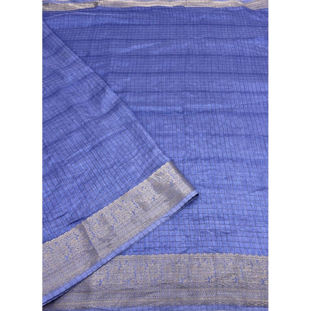 Amfyn Women's Cotton Blend Checkered Saree With Unstitched Blouse 5.5Mtr (Blue)