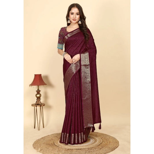 Amfyn Women's Cotton Blend Checkered Saree With Unstitched Blouse 5.5Mtr (Maroon)