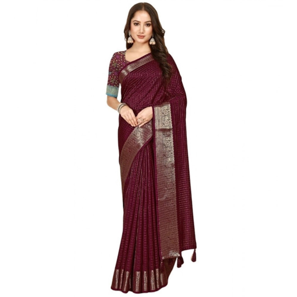 Amfyn Women's Cotton Blend Checkered Saree With Unstitched Blouse 5.5Mtr (Maroon)