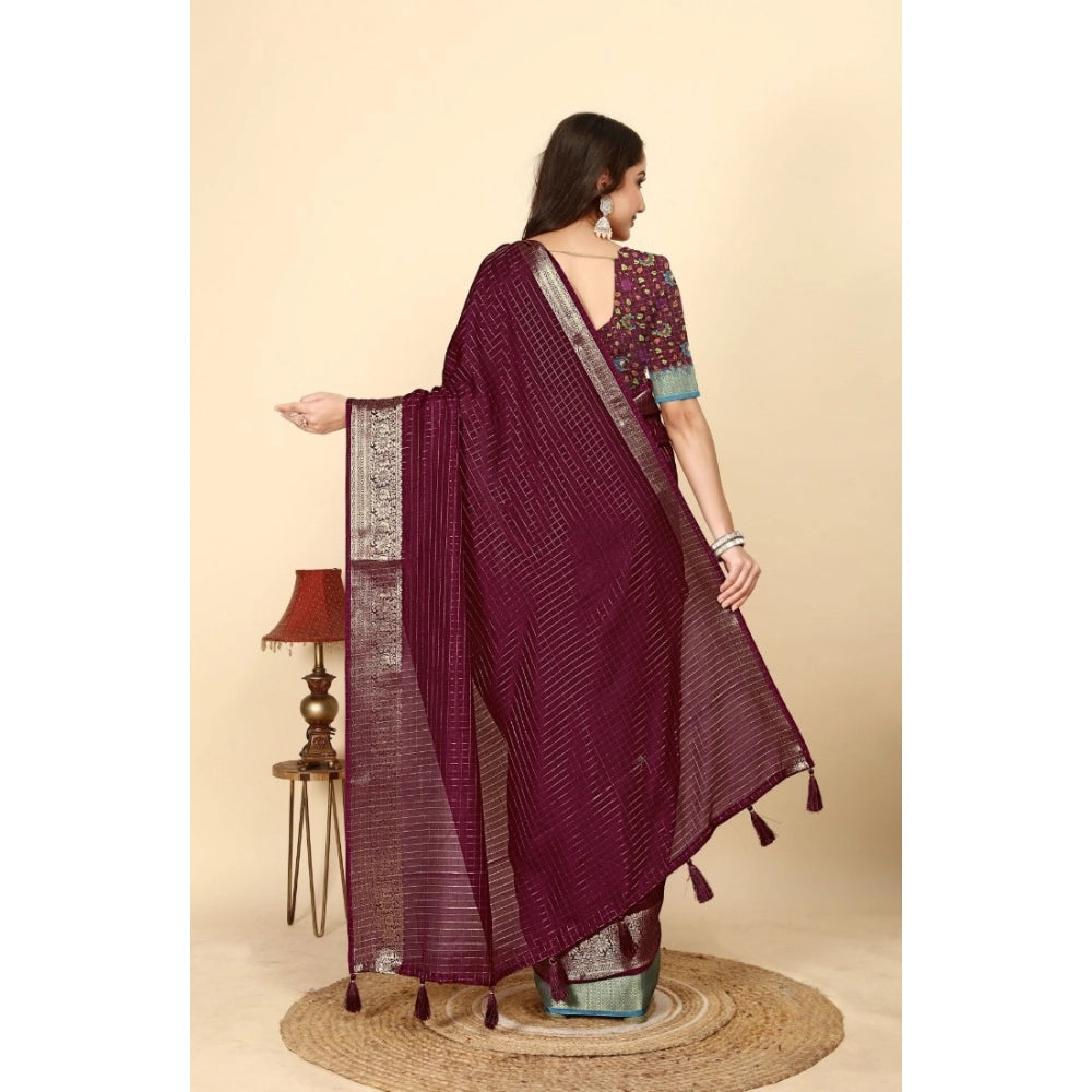 Amfyn Women's Cotton Blend Checkered Saree With Unstitched Blouse 5.5Mtr (Maroon)