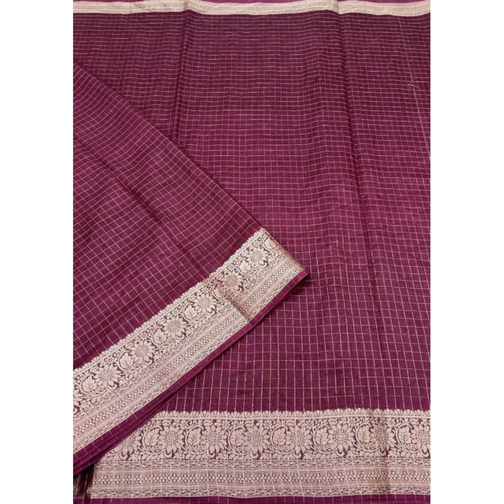Amfyn Women's Cotton Blend Checkered Saree With Unstitched Blouse 5.5Mtr (Maroon)