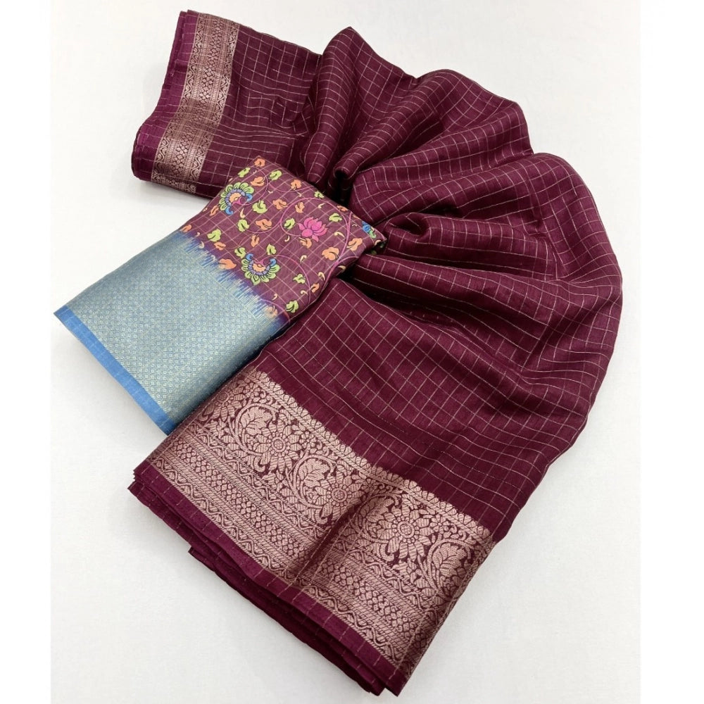 Amfyn Women's Cotton Blend Checkered Saree With Unstitched Blouse 5.5Mtr (Maroon)