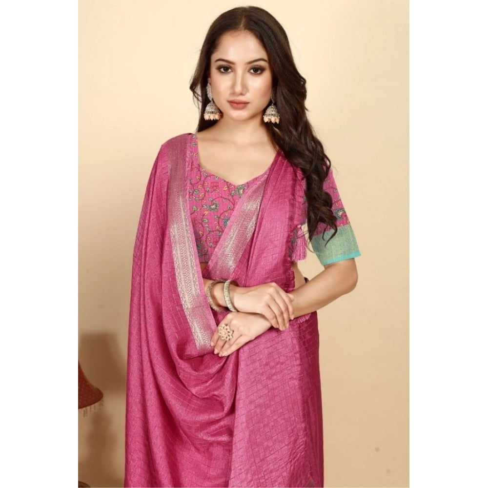 Amfyn Women's Cotton Blend Checkered Saree With Unstitched Blouse 5.5Mtr (Pink)