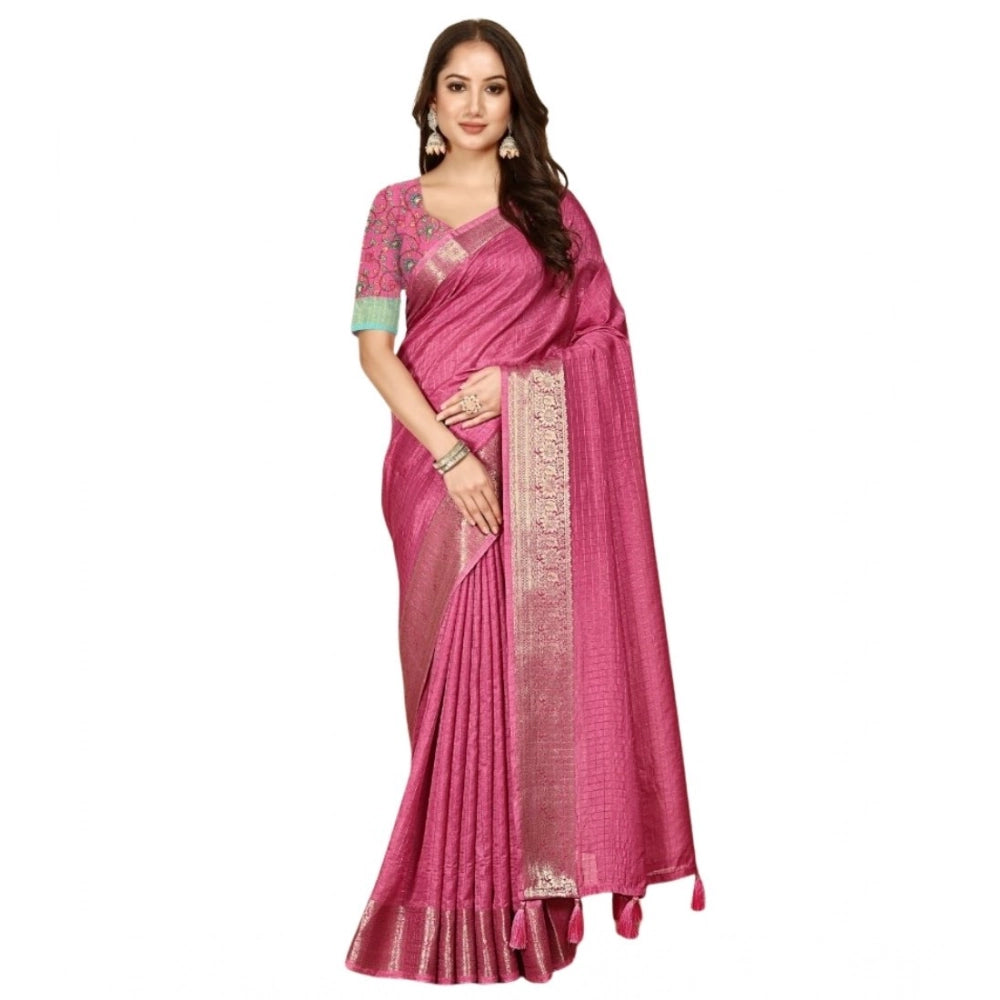 Amfyn Women's Cotton Blend Checkered Saree With Unstitched Blouse 5.5Mtr (Pink)