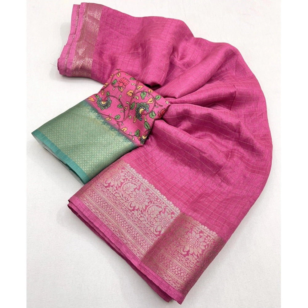 Amfyn Women's Cotton Blend Checkered Saree With Unstitched Blouse 5.5Mtr (Pink)