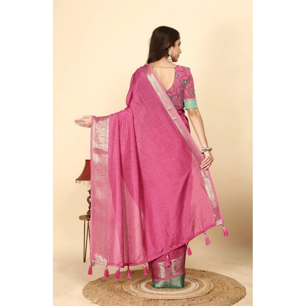 Amfyn Women's Cotton Blend Checkered Saree With Unstitched Blouse 5.5Mtr (Pink)