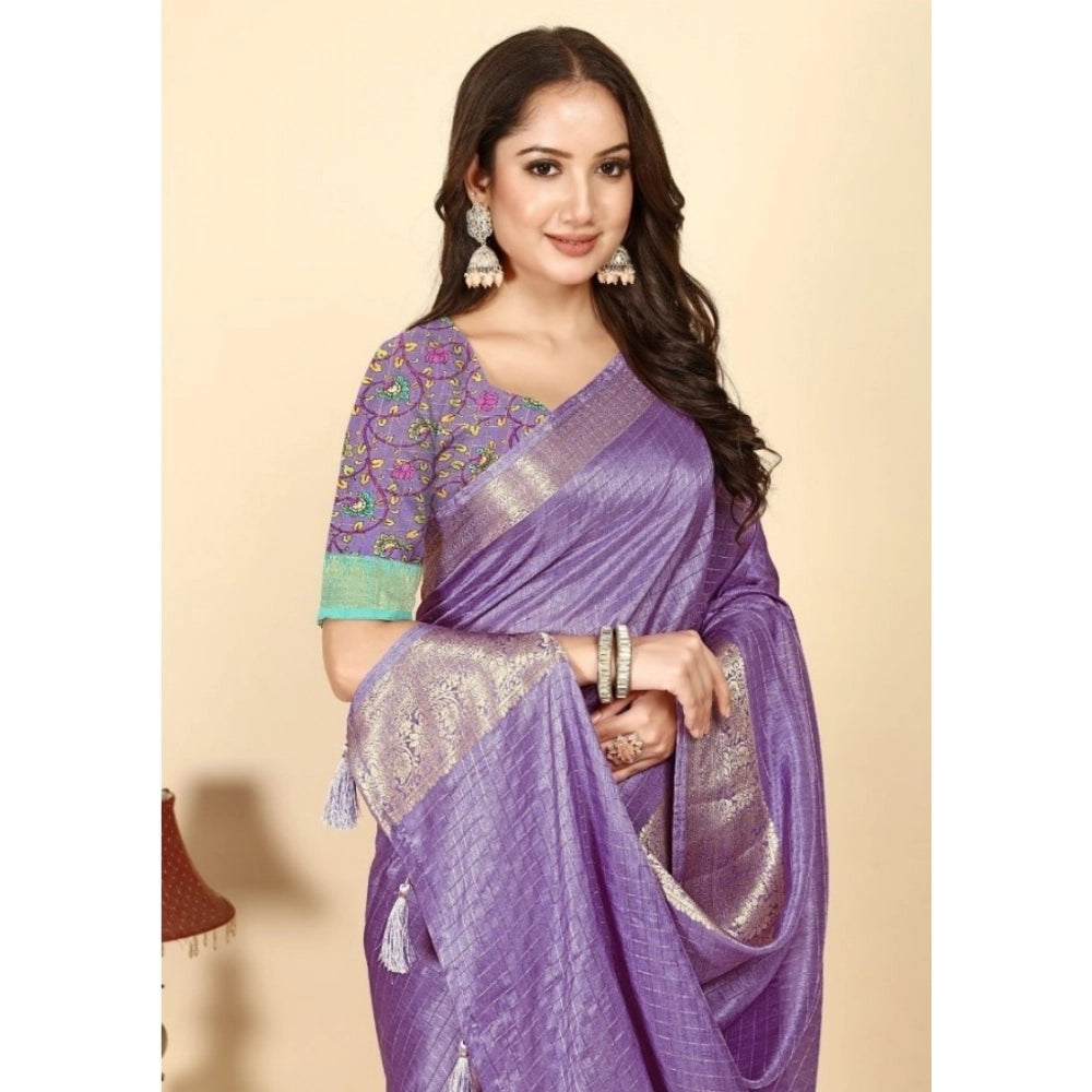 Amfyn Women's Cotton Blend Checkered Saree With Unstitched Blouse 5.5Mtr (Purple)